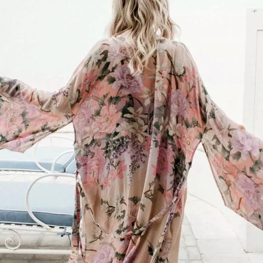 Pink Floral Lily Printed Boho Kimono Duster Robe - Picture 8 of 10
